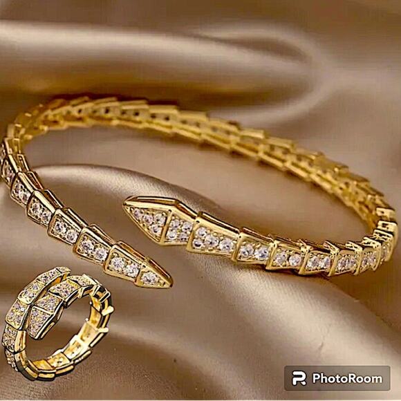 Gold Zircon Snake Bangle Bracelet Ring Set, Luxury - Picture 1 of 4